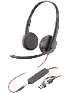 auriculares de diadema con microfono blackwire 3225 estereo usb-c + mini jack 3.5mm y adaptador a usb-a