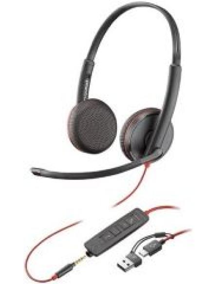 auriculares de diadema con microfono blackwire 3225 estereo usb-c + mini jack 3.5mm y adaptador a usb-a