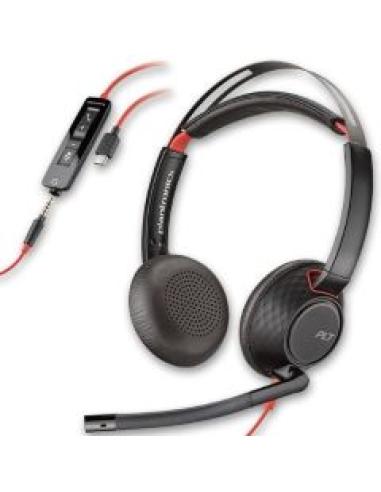 auriculares de diadema con microfono blackwire 5220 estereo usb-c + mini jack 3.5mm y adaptador a usb-a