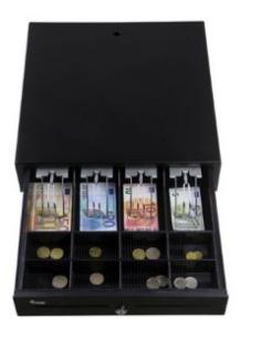 cajon portamonedas 8 compartimentos de monedas y 4 de billetes 2 ranuras para cheques/recibos apertura horizontal conexion rj11 