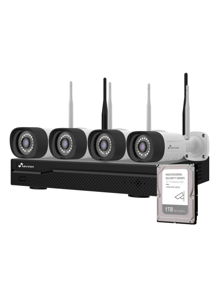 KIT VIDEOVIGILANCIA NIVIAN WIFI / VIDEOGRABADOR 10 CANALES / 4XCAMARA WIFI + ETHERNET / 2.4Ghz / 1 X HDD 1.0 TB / IP66 / HDMI-VG