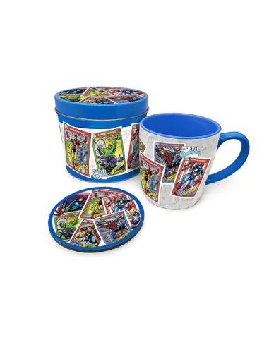 TAZA DESAYUNO MARVEL CARTAS + POSAVASOS - LATA REGALO