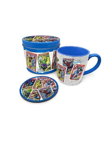 TAZA DESAYUNO MARVEL CARTAS + POSAVASOS - LATA REGALO