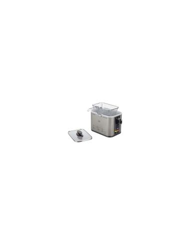 FREIDORA JATA 1000W CUBA 1.5L TAPA DE CRISTAL CON ASA TERMOSTATO REGULABLE INDICADOR LUMINOSO CUERPO INOX ANTIHUELLA FR326E