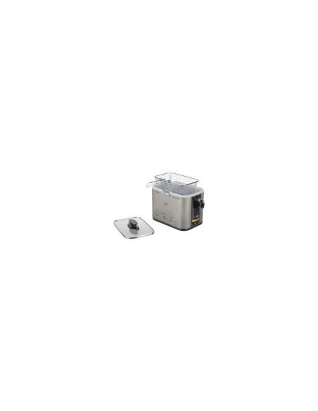 FREIDORA JATA 1000W CUBA 1.5L TAPA DE CRISTAL CON ASA TERMOSTATO REGULABLE INDICADOR LUMINOSO CUERPO INOX ANTIHUELLA FR326E