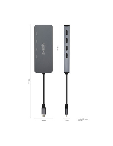AISENS Hub USB3.2 Gen1 5G USB-C, USB-C M-4xUSB-C H, Gris, 15cm