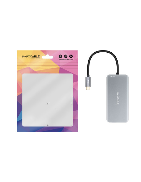 Nanocable HUB USB-C 9 en 1, Conversor USB-C a 3 x USB-A + 2 x HDMI + RJ45 + TF + SD + USB-C PD 100W, Aluminio, 15 cm, Gris