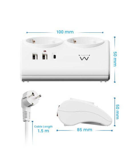 Ewent EW3870 base múltiple 1,5 m 3 salidas AC Interior Blanco