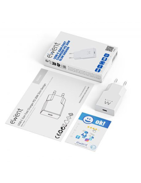 Ewent Cargador Rápido USB-C PD de 20W con Tecnología GaN y Diseño Ultrafino