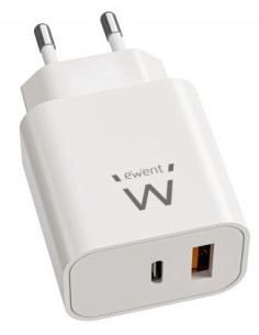 Ewent Cargador Rápido GaN de 20W USB-C PD y USB-A QC, Diseño Compacto