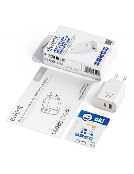 Ewent Cargador Rápido GaN de 20W USB-C PD y USB-A QC, Diseño Compacto