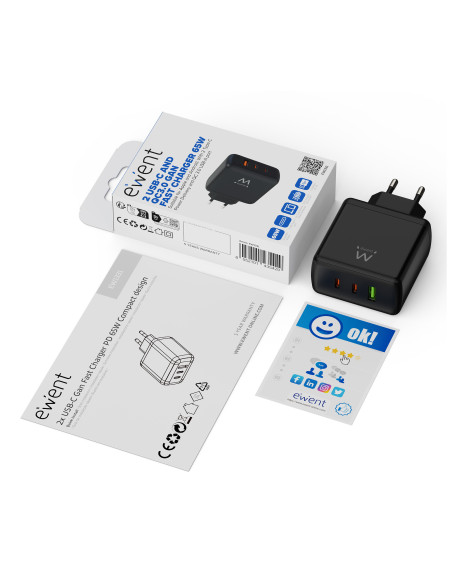 Ewent Cargador rápido GaN de 65W con 3 puertos (2 USB-C PD y 1 USB-A QC), diseño compacto