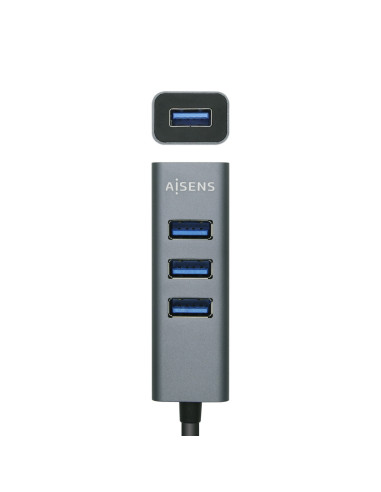 AISENS Hub USB3.0 Aluminio, Tipo A M - 4x Tipo A H, Negro, 10 cm