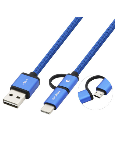 CoolBox CABLE TRENZADO DE USB-A A MICRO-USB Y USB-C AZUL