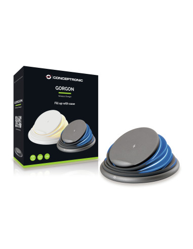 Conceptronic GORGON02G cargador de dispositivo móvil Universal Gris USB Cargador inalámbrico Carga rápida Interior