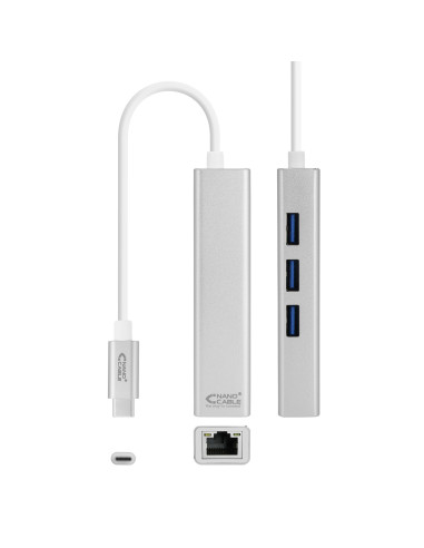 Nanocable Conversor USB-C a Ethernet Gigabit + 3xUSB 3.0, Plata, 15 cm
