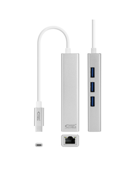 Nanocable Conversor USB-C a Ethernet Gigabit + 3xUSB 3.0, Plata, 15 cm