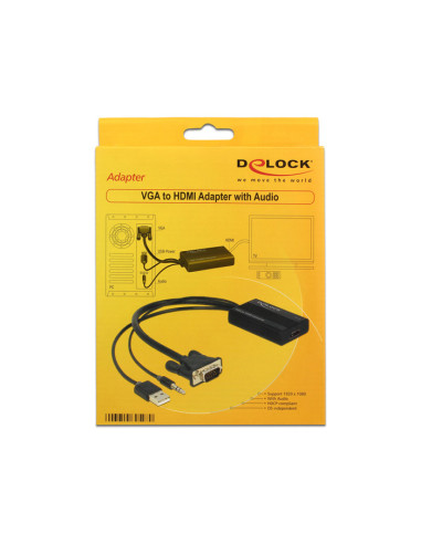 DeLOCK 62597 adaptador de cable de vídeo 0,25 m HDMI tipo A (Estándar) VGA (D-Sub) + 3.5mm + USB Type-A Negro