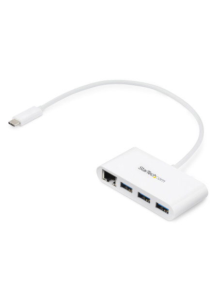 StarTech.com Concentrador USB 3.0 (5Gbps) de 3 Puertos con USB-C y Ethernet Gigabit - Hub Ladrón de USB Convencional - Blanco