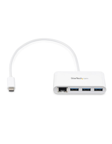 StarTech.com Concentrador USB 3.0 (5Gbps) de 3 Puertos con USB-C y Ethernet Gigabit - Hub Ladrón de USB Convencional - Blanco