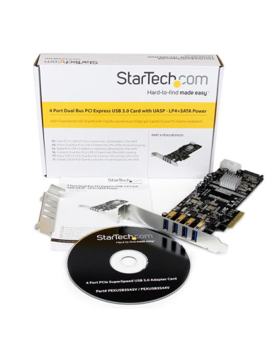 StarTech.com Adaptador Tarjeta PCI Express PCI-E 4 Puertos USB 3.0 UASP Bus Doble con Alimentación Molex SATA