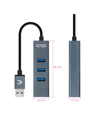 Nanocable USB 3.0 4xUSB3.0. USB-A M-USB 3.0 H, Gris, 10 cm