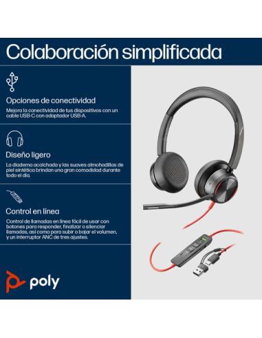 HP Poly Auriculares estéreo Poly Blackwire 8225 con certificación Microsoft Teams USB-C + Adaptador USB-C/A