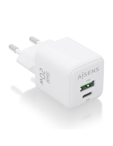 AISENS Cargador GaN 20W, 1xUSB-C PD3.0 QC4.0, 1xUSB-A QC3.0, Blanco