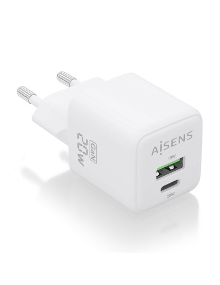 AISENS Cargador GaN 20W, 1xUSB-C PD3.0 QC4.0, 1xUSB-A QC3.0, Blanco