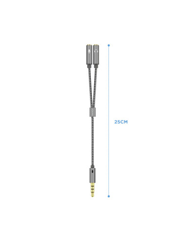 AISENS Cable Adaptador Audio Jack 3.5 4pines M-2xjack 3.5 3pines H, Gris, 25cm