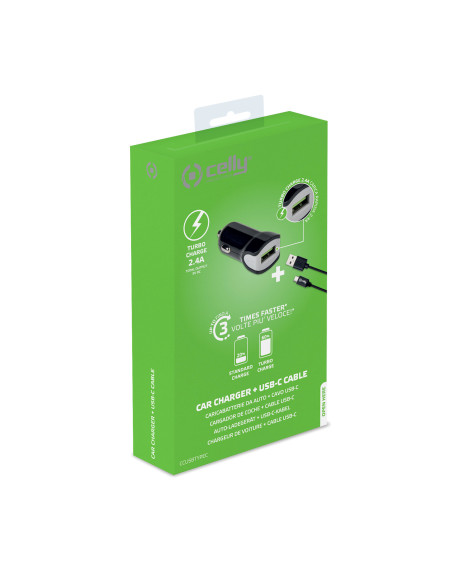 Celly CCUSBTYPEC cargador de dispositivo móvil Smartphone, Tableta Negro Encendedor de cigarrillos Auto