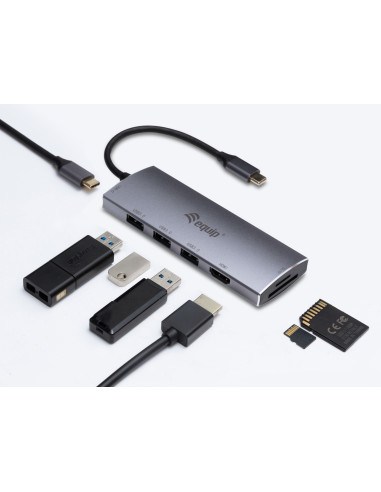 Equip Adaptador multifunción USB-C 7 en 1, HDMI, USB 3.0, TF MICRO SD, 60W USB PD