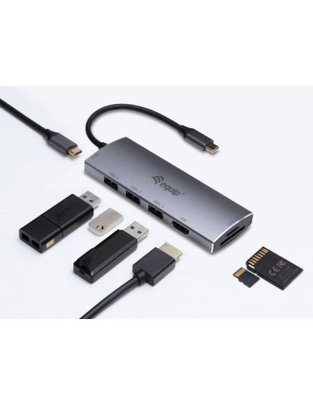 Equip Adaptador multifunción USB-C 7 en 1, HDMI, USB 3.0, TF MICRO SD, 60W USB PD