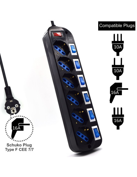 Ewent EW3851 limitador de tensión Negro 6 salidas AC 220 V 1,5 m