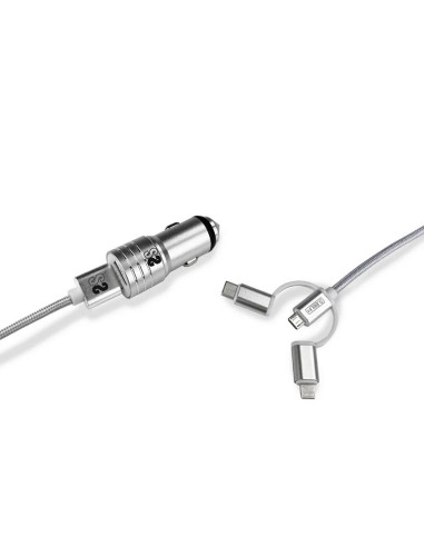 SUBBLIM Cargador Coche 2xUSB Dual Car Charger Alum 2.4A + Cable 3 in 1 Silver