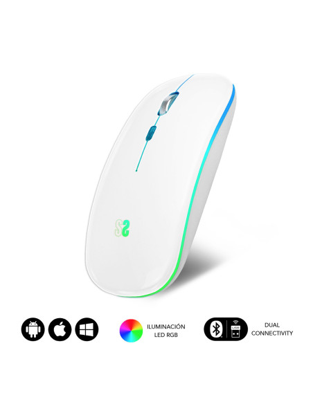 SUBBLIM Ratón Inalámbrico Bluetooth + RF RGB LED Dual Flat Mouse White