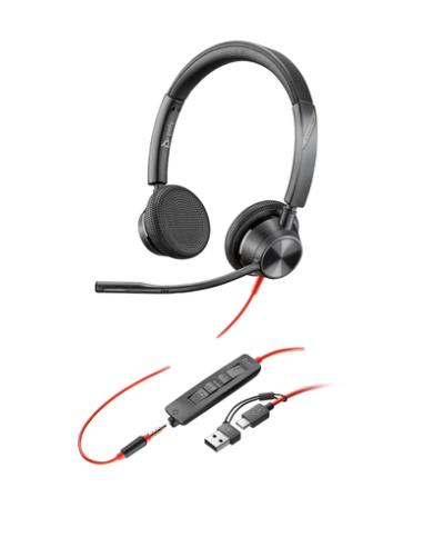 HP Poly Auriculares estéreo Poly Blackwire 3325 USB-C + Conector de 3,5 mm + Adaptador USB-C/A