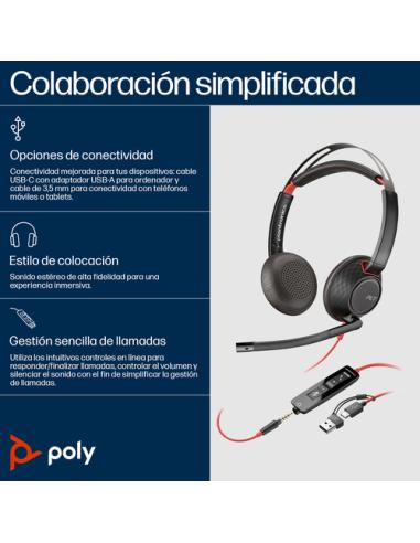 HP Poly Auriculares Poly Blackwire 5220 estéreo USB-C + conector de 3,5 mm + adaptador USB-C/A (paquete)