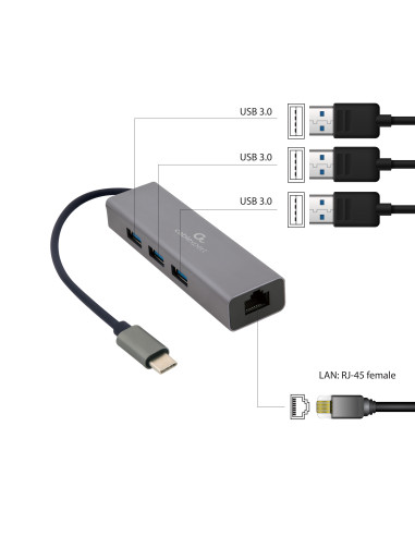 Gembird A-CMU3-LAN-01 base para portátil y replicador de puertos USB 3.2 Gen 1 (3.1 Gen 1) Type-C Gris