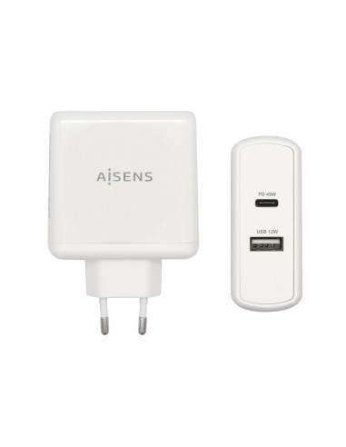 AISENS Cargador 57 W, 1x USB-C PD3.0 45 W, 1x USB-A 5 V   2.4 A 12 W, Blanco