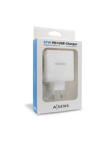 AISENS Cargador 57 W, 1x USB-C PD3.0 45 W, 1x USB-A 5 V   2.4 A 12 W, Blanco