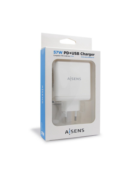 AISENS Cargador 57 W, 1x USB-C PD3.0 45 W, 1x USB-A 5 V   2.4 A 12 W, Blanco