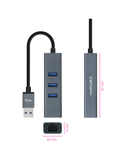 Nanocable Conversor USB 3.0 a Ethernet Gigabit + 3XUSB 3.0, Aluminio, Gris, 15 cm