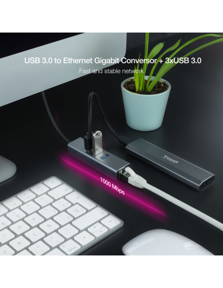 Nanocable Conversor USB 3.0 a Ethernet Gigabit + 3XUSB 3.0, Aluminio, Gris, 15 cm