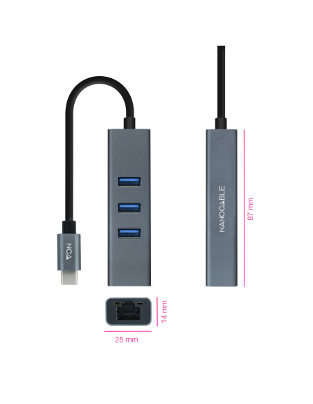 Nanocable Conversor USB-C a Ethernet Gigabit + 3XUSB 3.0, Aluminio, Gris, 15 cm