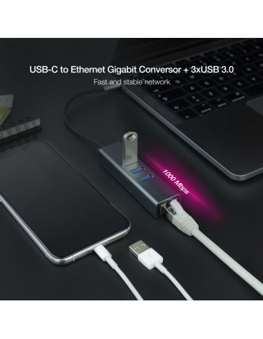 Nanocable Conversor USB-C a Ethernet Gigabit + 3XUSB 3.0, Aluminio, Gris, 15 cm