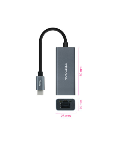 Nanocable Conversor USB-C a Ethernet Gigabit 10 100 1000 Mbps, Aluminio, Gris, 15 cm