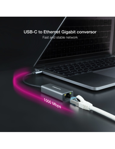 Nanocable Conversor USB-C a Ethernet Gigabit 10 100 1000 Mbps, Aluminio, Gris, 15 cm