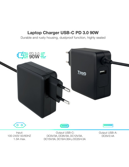 TooQ TQLC-USBC90PD adaptador e inversor de corriente Auto 90 W Negro