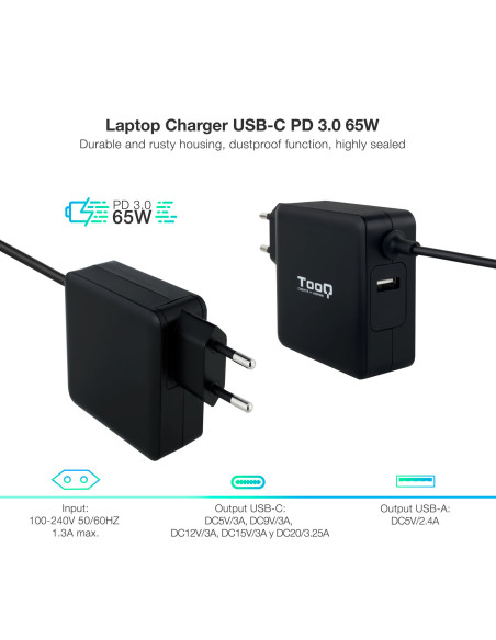 TooQ TQLC-USBC65PD adaptador e inversor de corriente Interior 65 W Negro